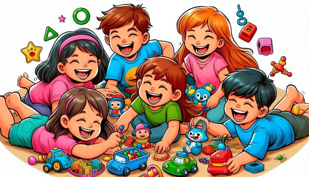 Grupo de niños riendo y jugando con juguetes