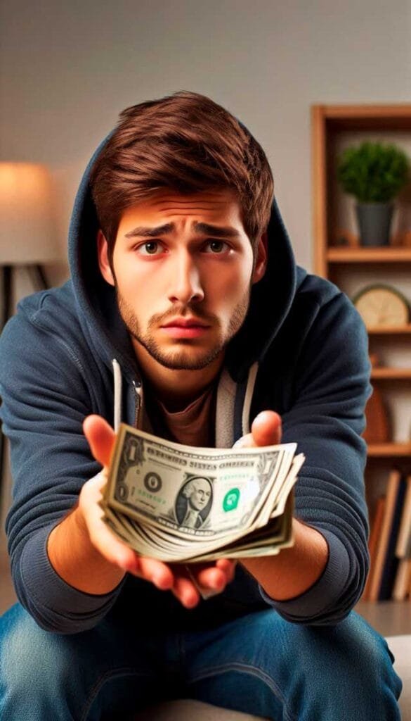 joven ofreciendo dinero a cámara