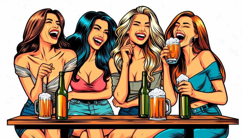grupo de mujeres tomando cerveza riéndose en una imagen con estilo de cómic