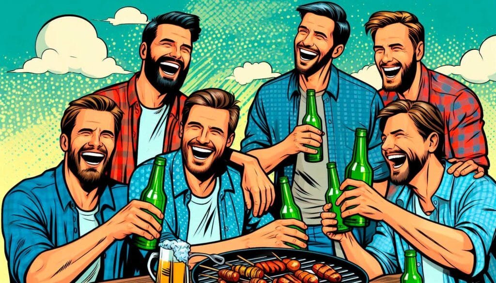grupo de hombres tomando cerveza riéndose en una imagen con estilo de cómic