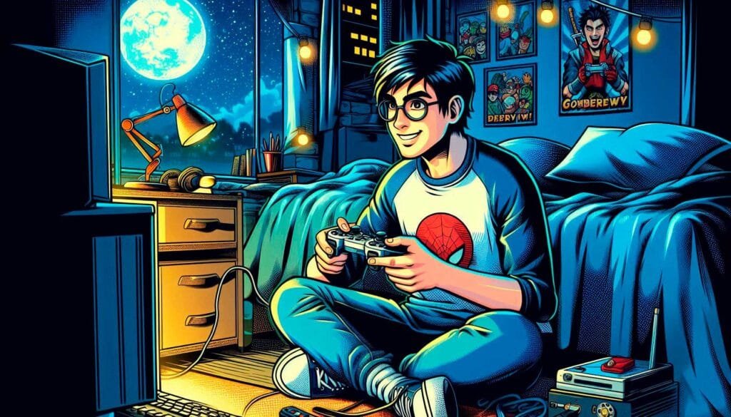 Joven con camiseta de Spiderman jugando a videojuegos en su habitación por la noche