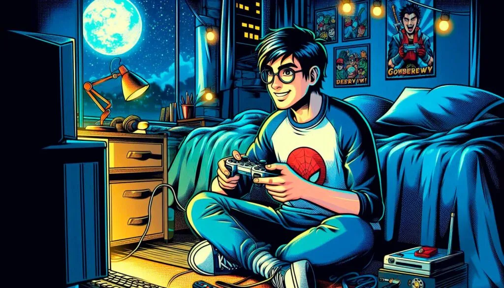 Joven con camiseta de Spiderman jugando a videojuegos en su habitación por la noche