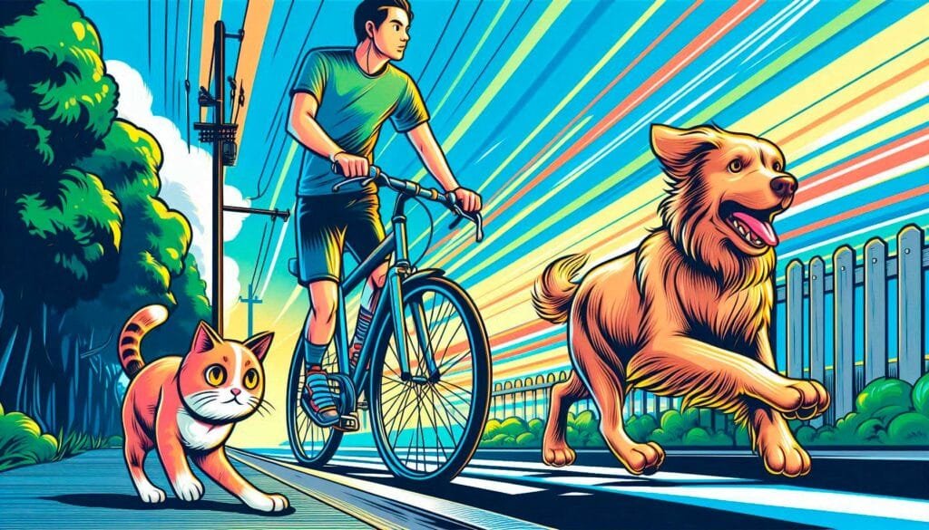 Un perro y un gato acompañando a su dueño durante su paseo en bicicleta