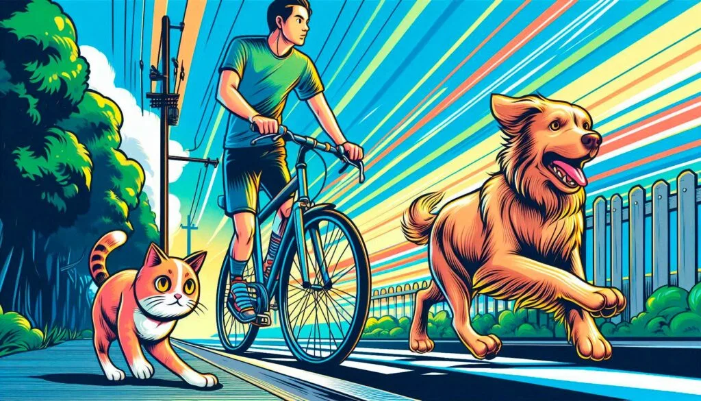 Un perro y un gato acompañando a su dueño durante su paseo en bicicleta
