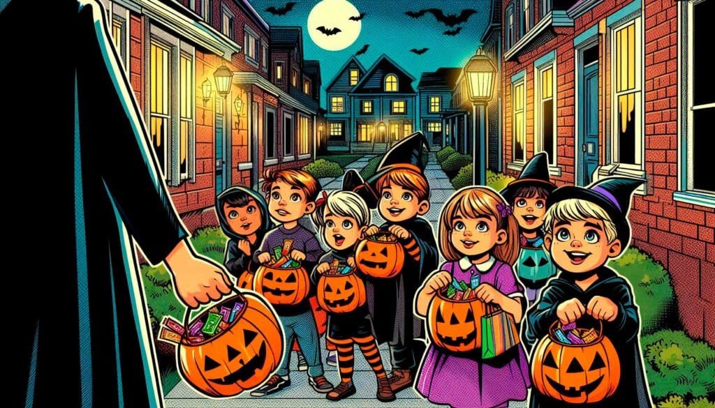 un grupo de niños disfrazados disfrutando de la fiesta de Halloween