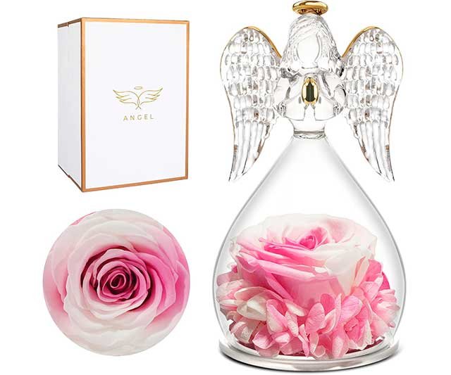Rosa dentro de un recipiente transparente de vidrio con forma de ángel