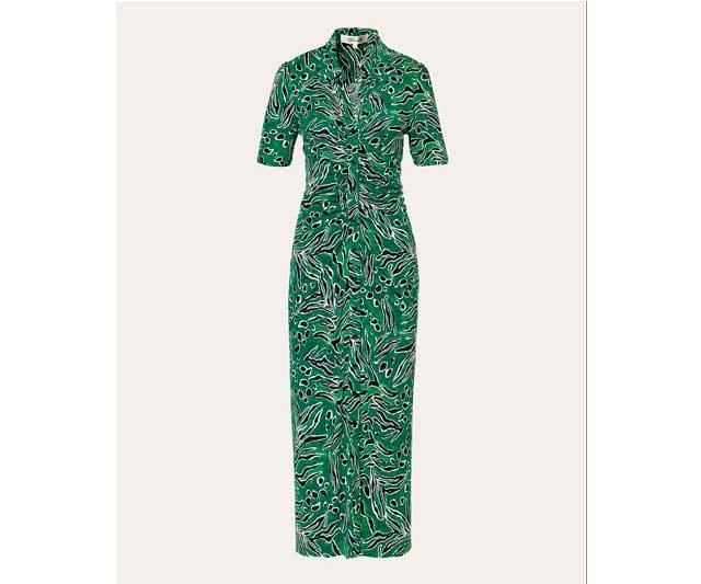 Elegante vestido verde estampado de Diane von Furstenberg