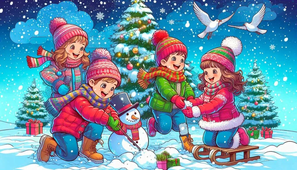 Grupo de niños jugando en la nieve abrigados para el frio en Navidad