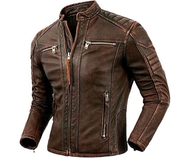 Chaqueta de Piel de Vaca Vintage para Hombre, Cuello Alto, Bolsillo con Cremallera 0 (0)