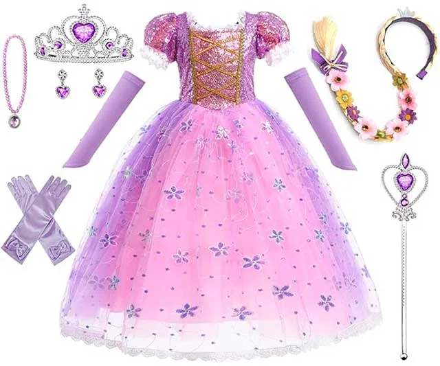 Disfraz Rapunzel Niña HEYOUTH – Vestido Princesa con Tul Brillante y 7 Accesorios Mágicos